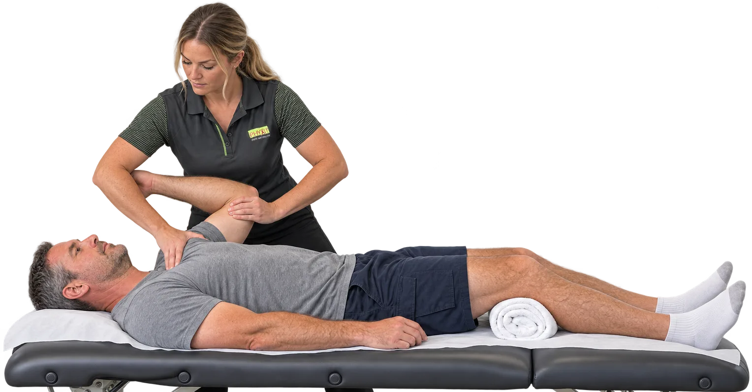 A physiotherapist assessing a patient's shoulder on a treatment table